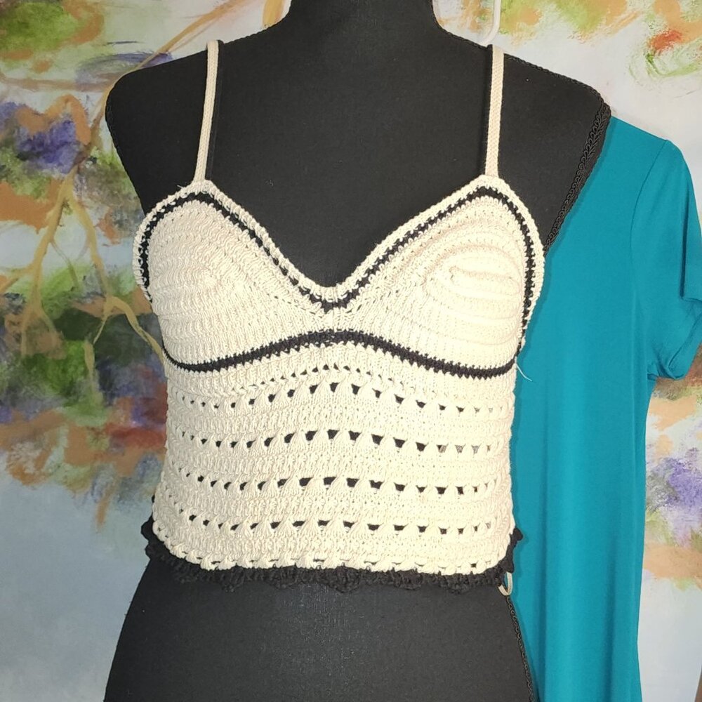 ZARA Handcrafted Crochet Crop Top in Cream & Black